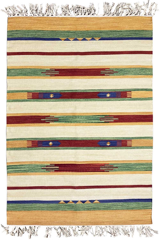 Modern Samak kilim rug with a striped pattern in green, red, blue, and fringes