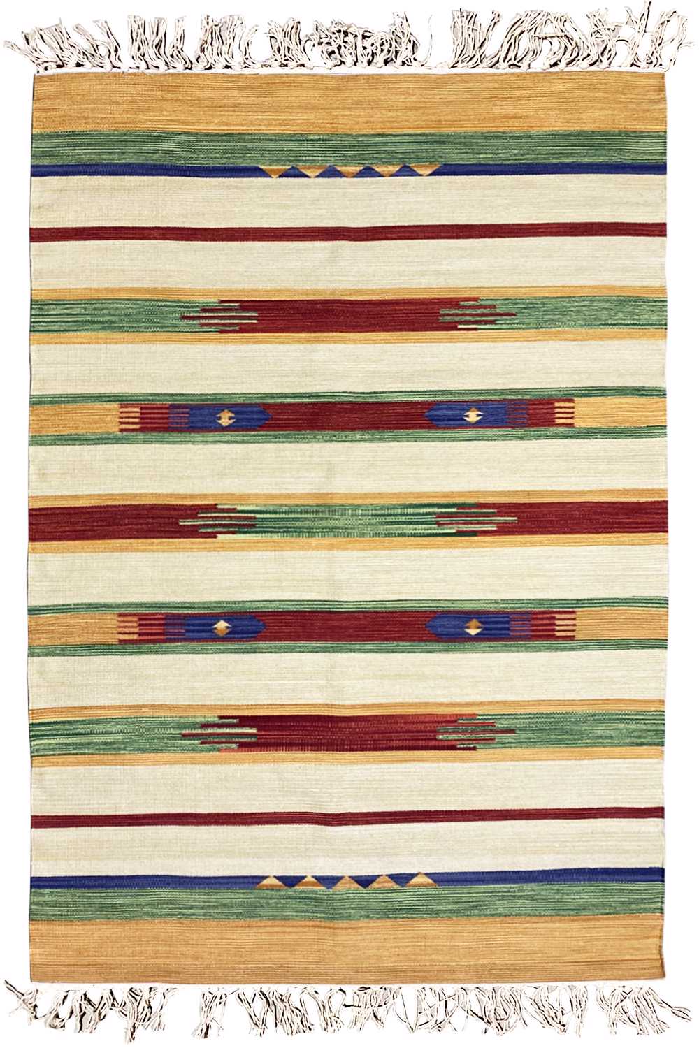 Kilim rug front view: horizontal stripes in blue, green, red, and cream with fringes