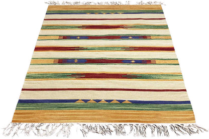 Flat-lay kilim rug: striped pattern in green, blue, red, and cream with fringes
