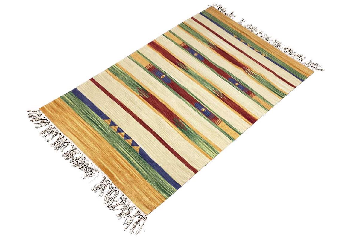 Kilim rug in diagonal view with stripes in cream, green, blue, red, and honey orange