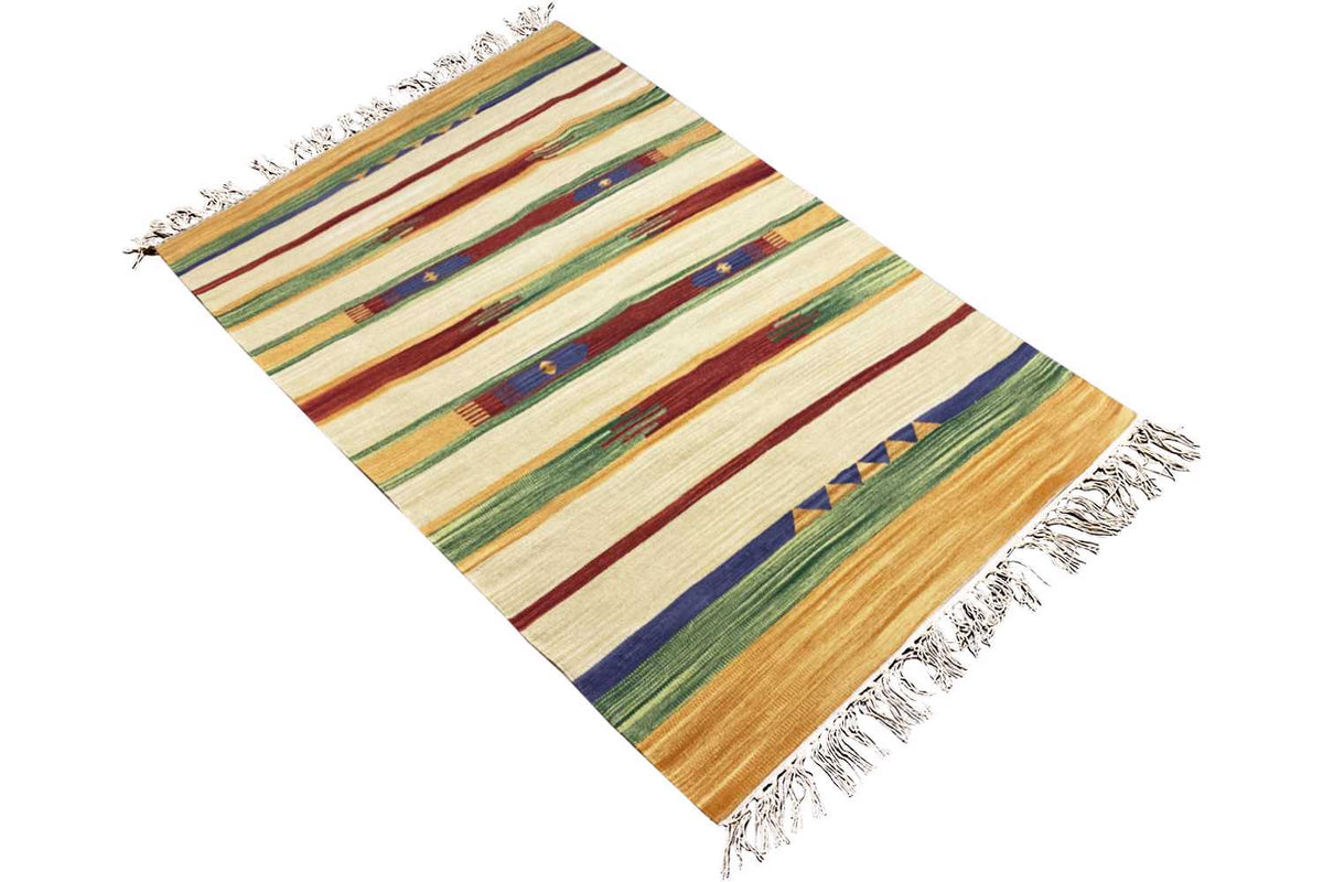 Kilim rug with stripes in cream, green, blue, and red, wide fringed edge