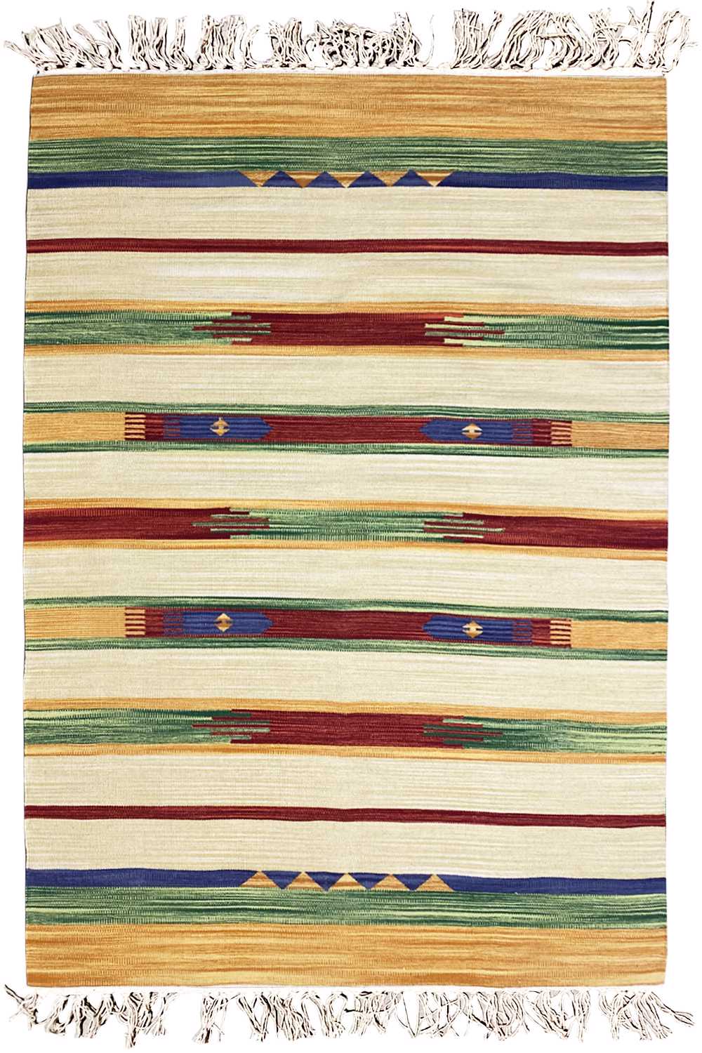 Kilim rug with multicolored horizontal stripes and fringes along the edge, cream-colored
