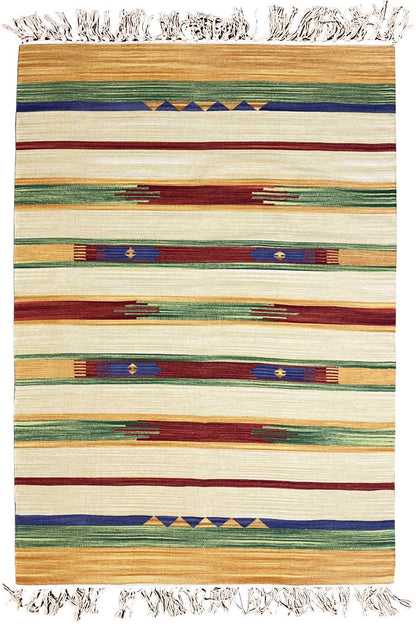 Kilim rug with multicolored horizontal stripes and fringes along the edge, cream-colored