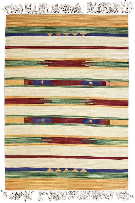 Kilim rug with multicolored horizontal stripes and fringes along the edge, cream-colored