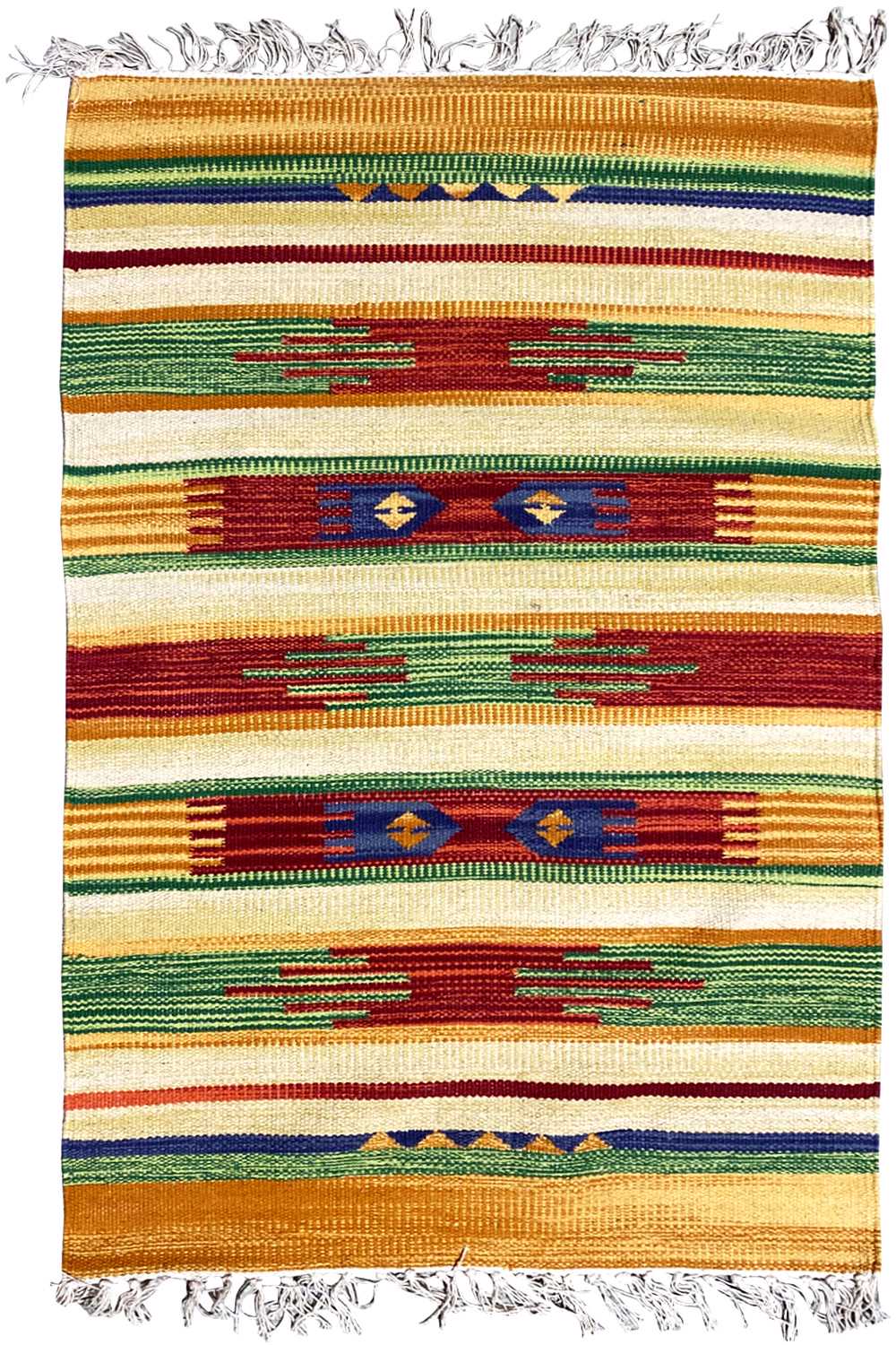 Kilim rug detail view: multicolored stripes on cream with fringes along the edge