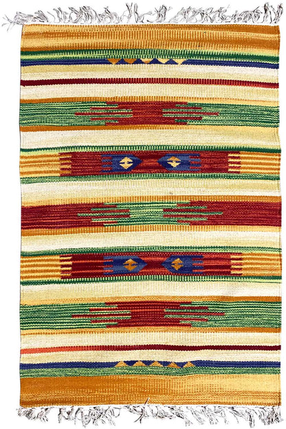 Kilim rug detail view: multicolored stripes on cream with fringes along the edge