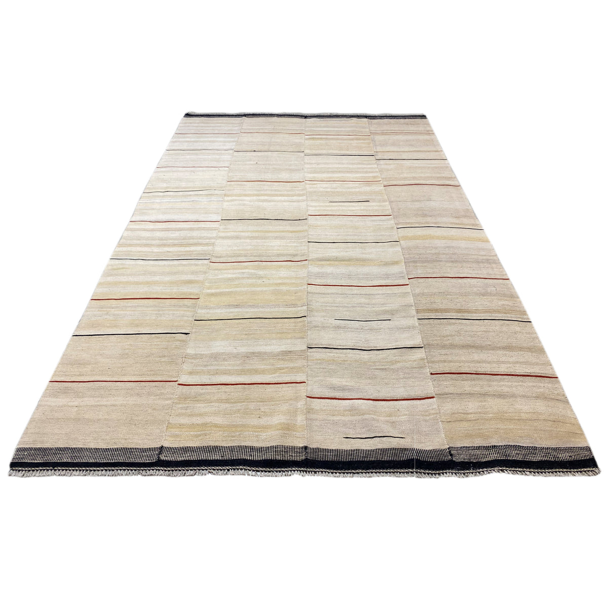 Kilim rug with a beige pattern of horizontal stripes, red accents, and a dark blue border