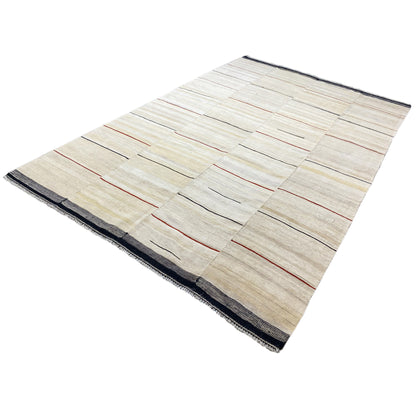 Persian kilim, a horizontally folded-looking appearance; beige stripes with red lines and a fringe