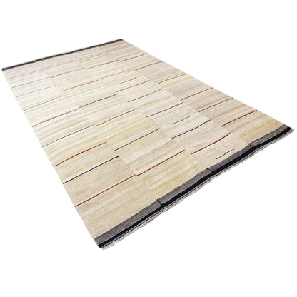 Beige kilim rug with straight lines; red decorative stripes and a dark blue edge finish