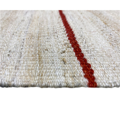 Close-up of the web structure: beige pile with a red border and dark blue edge