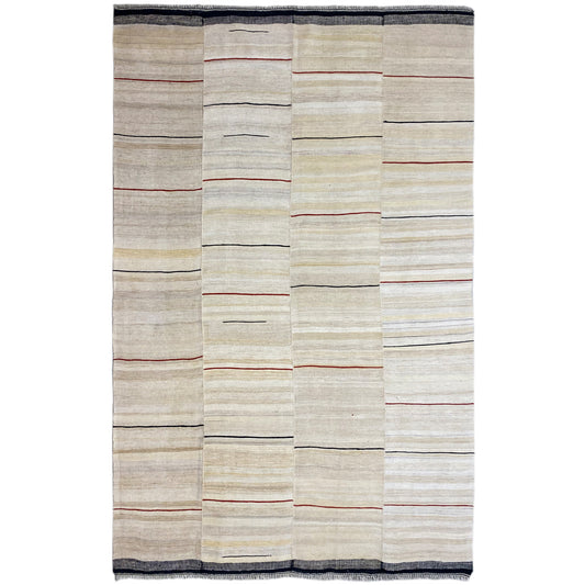Rectangular Persian kilim, beige pile with red lines and a dark blue border