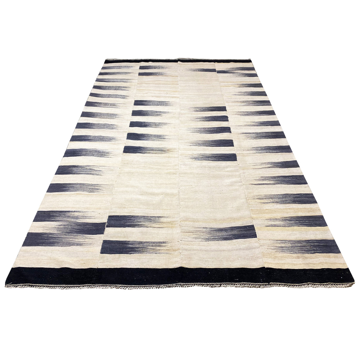 Persian kilim 315x198 cm, cream-colored with dark blue patterns, bound edge without fringes