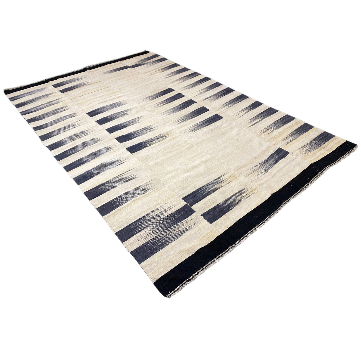 Persian kilim 315x198 cm, lying diagonally, cream with dark blue block stripes, edge