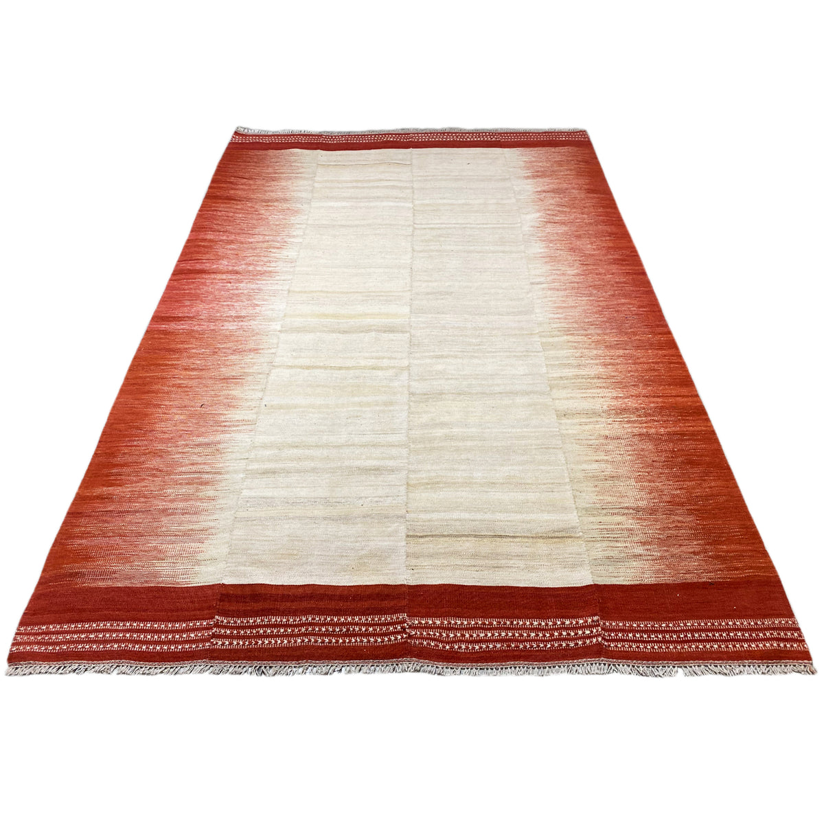 Kelim, bottom edge in view: trapezoidal arrangement, cream-white grid, reddish-brown frame