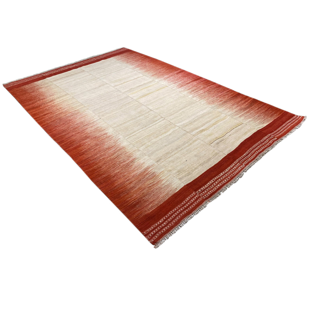 Kilim in triangular view, cream-white grid pattern with reddish-brown border and decorative trim