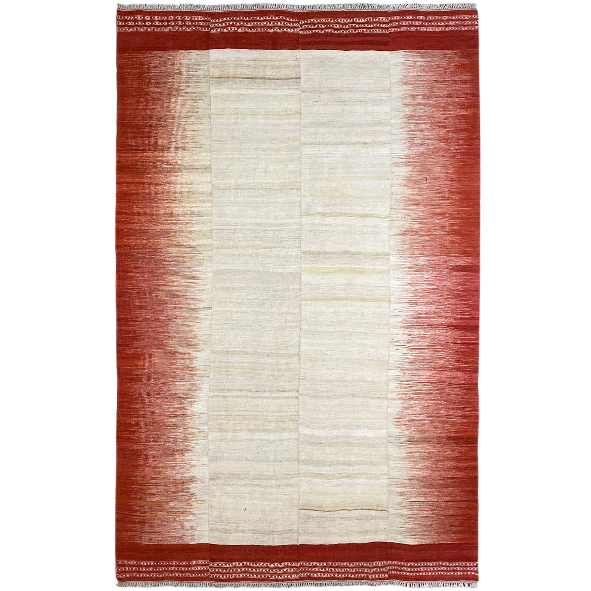 Kelim, cream-white central field with reddish-brown stripes and border, rectangular, 307x203 cm