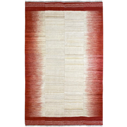 Kelim, cream-white central field with reddish-brown stripes and border, rectangular, 307x203 cm