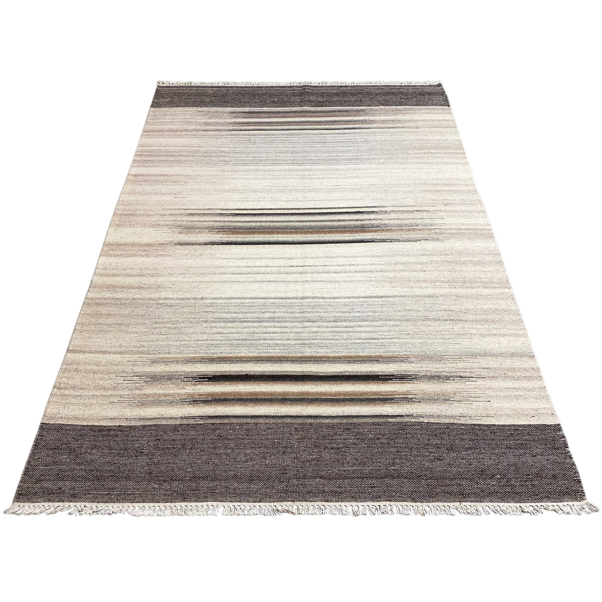 Rectangular kilim rug, beige-gray striped, with dark finishing bands