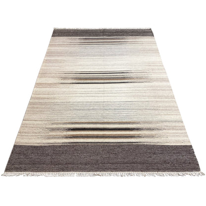 Rectangular kilim rug, beige-gray striped, with dark finishing bands