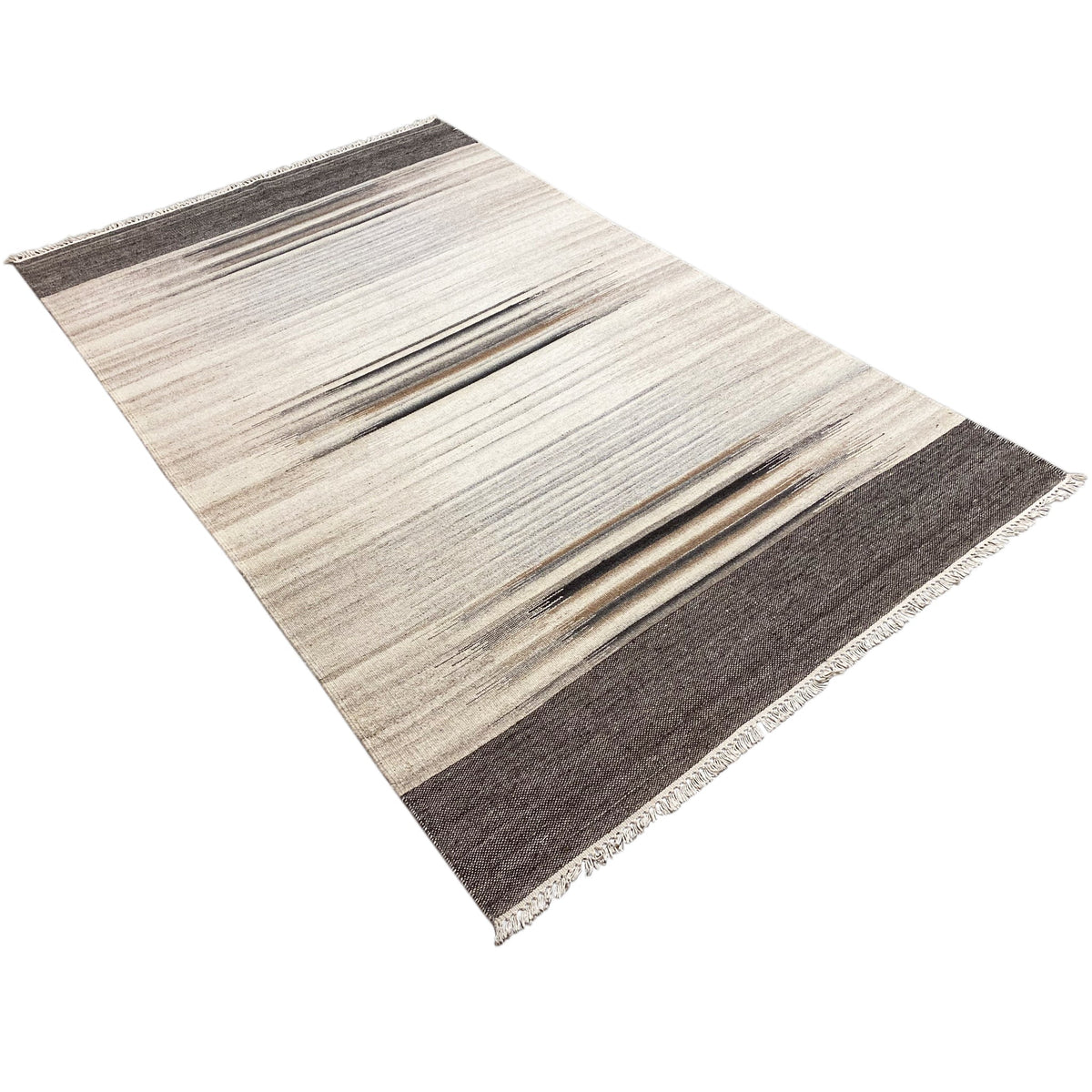 Kelim dhurrie rug, beige-gray with dark side panels and fine lines