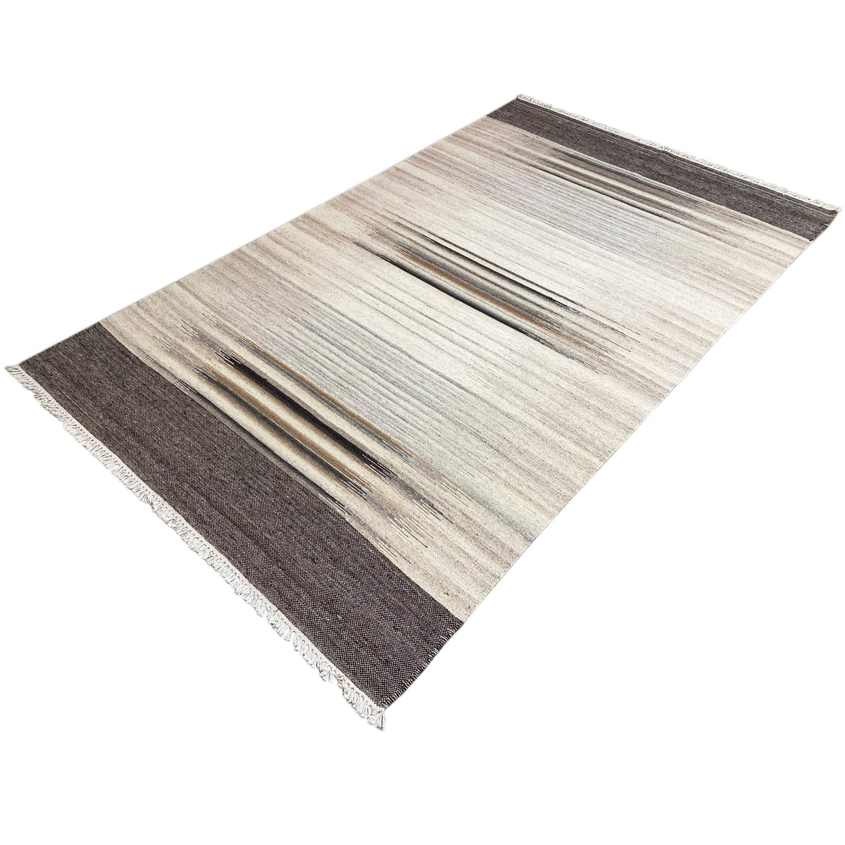 Kilim rug with geometric line stripes in light gray and dark gray, with fringes