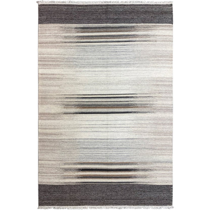 Kelim rug in light beige and gray tones with dark borders and stripes