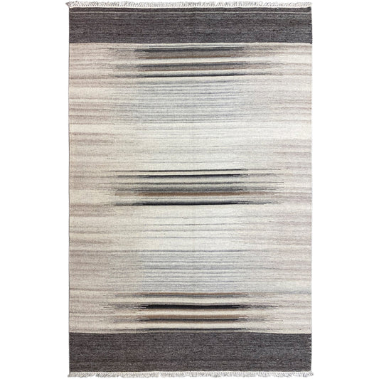 Kelim rug in light beige and gray tones with dark borders and stripes