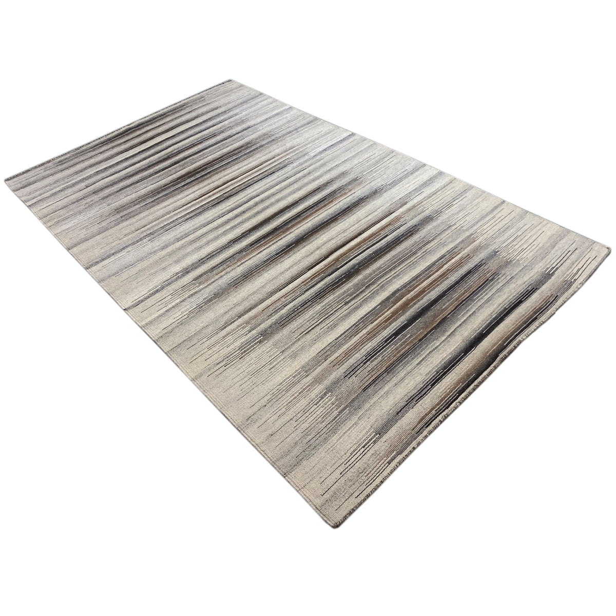 Gray kilim dhurrie with a fine striped pattern, shown diagonally, 230x160 cm