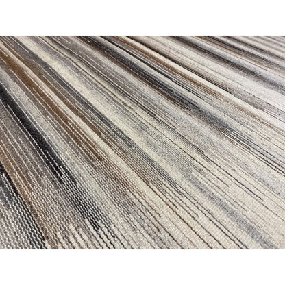 Close-up: kilim dhurrie with a fine striped pattern in gray, beige, and brown