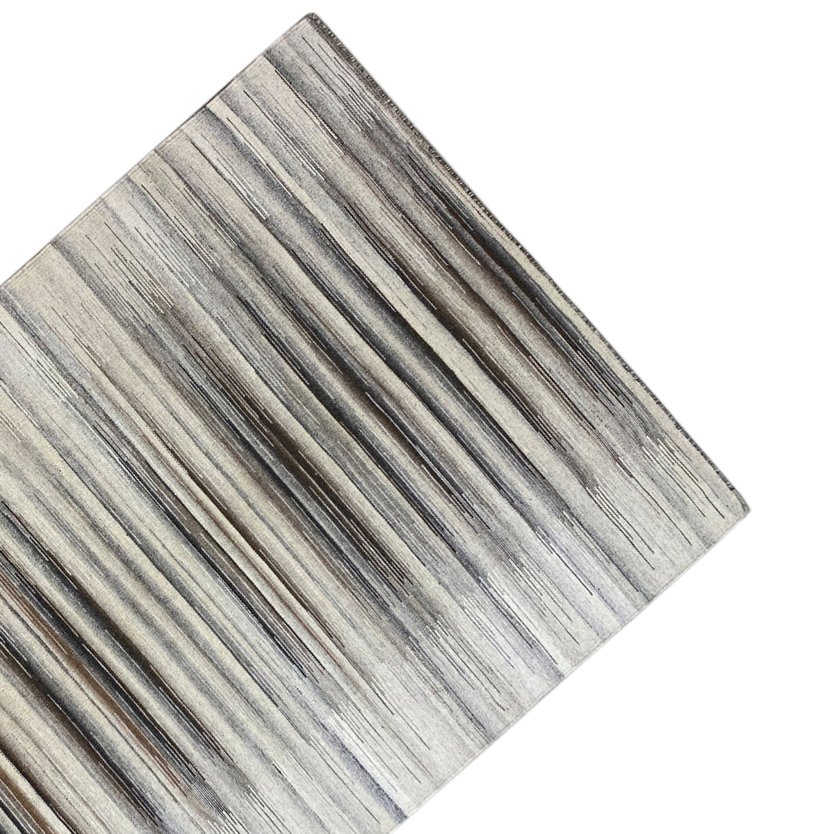 Close-up of the kilim dhurrie with multicolored horizontal stripes in gray and beige