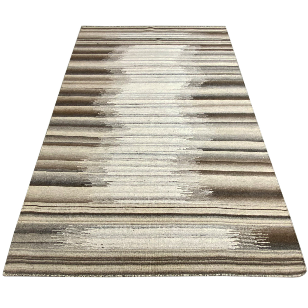 Beige kilim dhurrie rug with abstract stripes, photographed in a trapezoidal shape, 230x160 cm