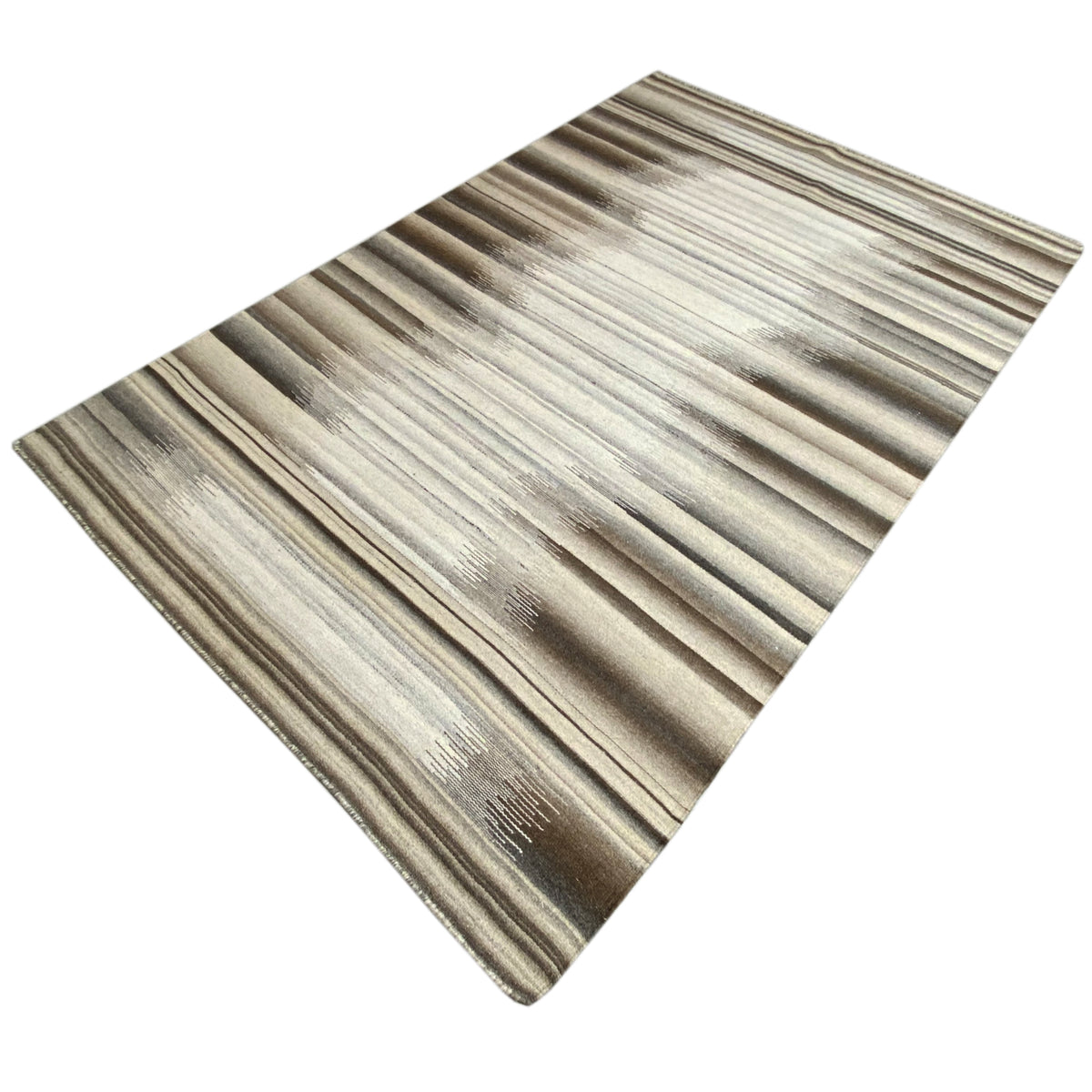 Beige kilim dhurrie rug with abstract stripes, viewed from above at an angle, 230x160 cm