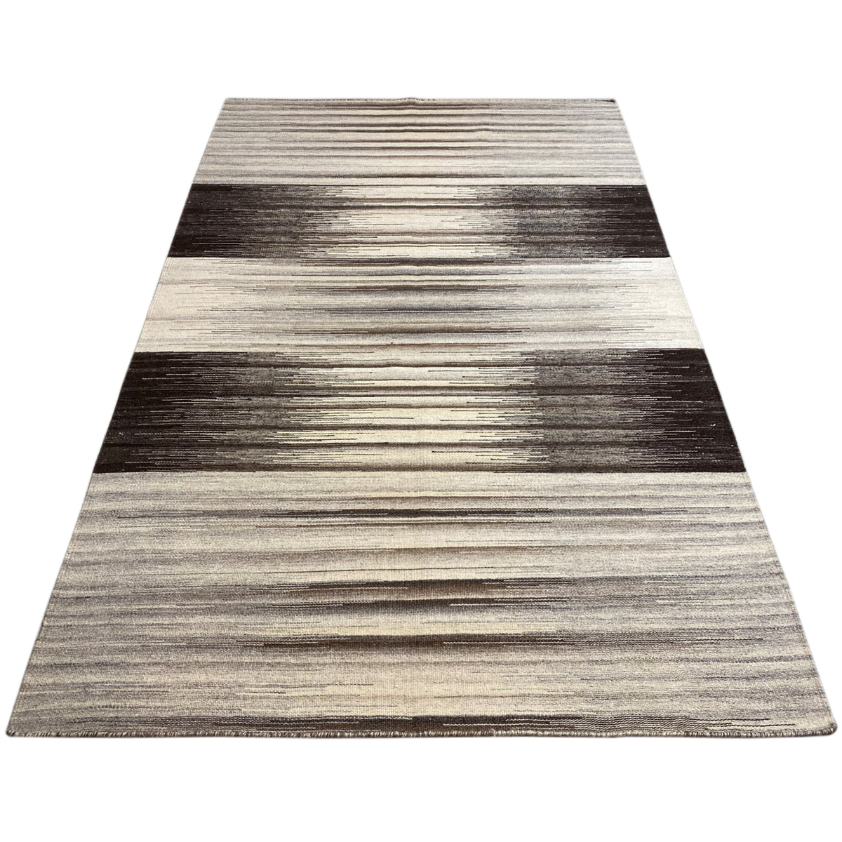 Rectangular kilim rug with a wide striped pattern in gray and anthracite