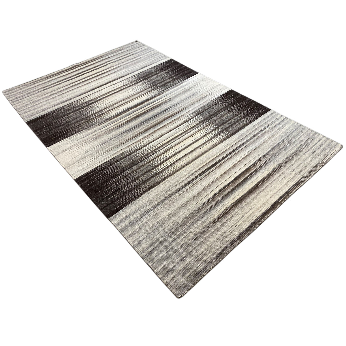 Gray kilim rug with fine horizontal stripes, spread out diagonally