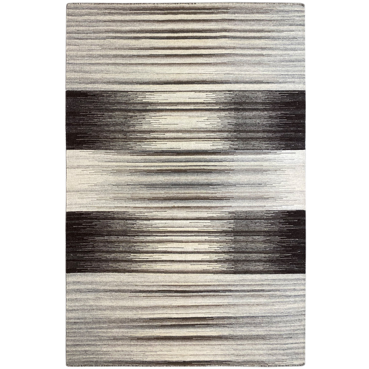 Gray rectangular kilim rug with a horizontal stripe pattern