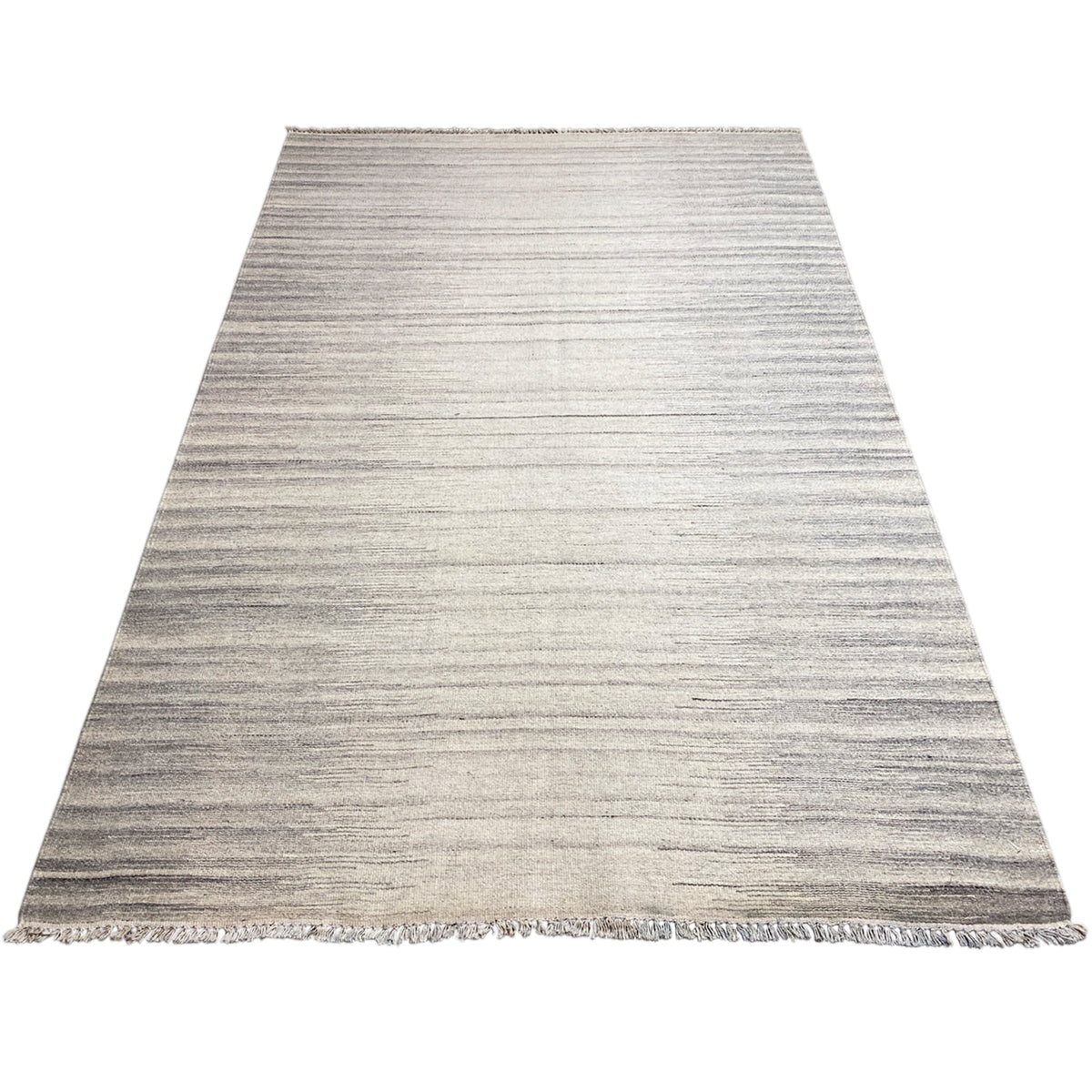 Kilim dhurrie rug with diagonal stripes in beige-gray and fringed edges