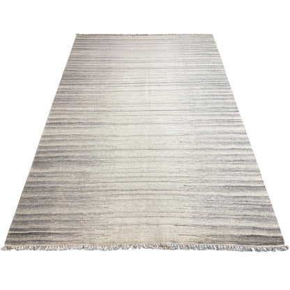 Kilim dhurrie rug with diagonal stripes in beige-gray and fringed edges