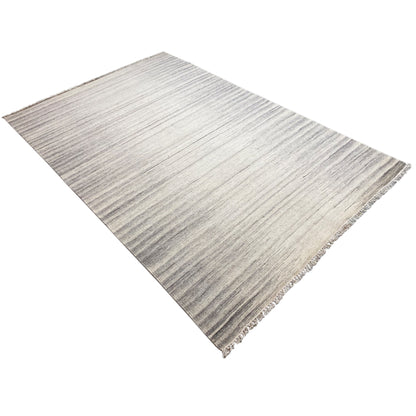 Kelim dhurrie rug with diagonal stripes in beige and gray, fringes