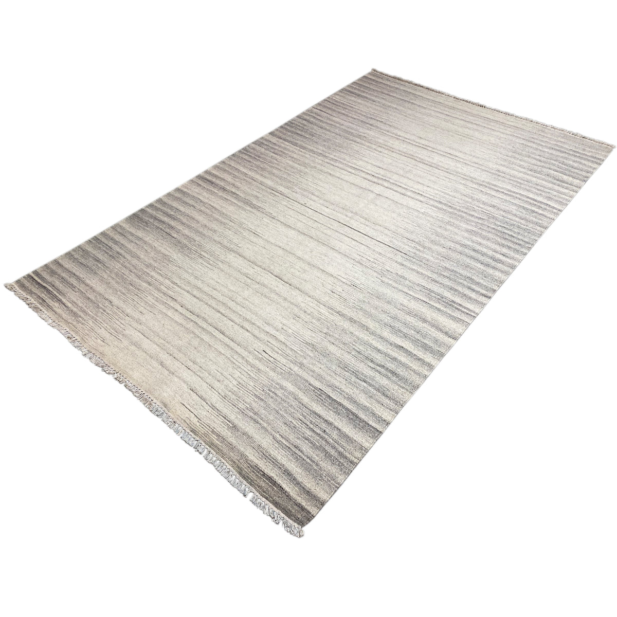 Kelim dhurrie rug with a striped texture in beige-gray, rounded fringes
