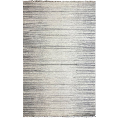 Kelim dhurrie rug with fine stripes in beige and gray, with fringes
