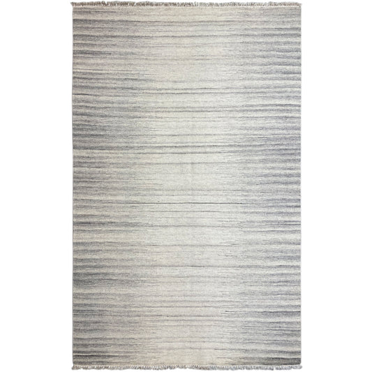Kelim dhurrie rug with fine stripes in beige and gray, with fringes