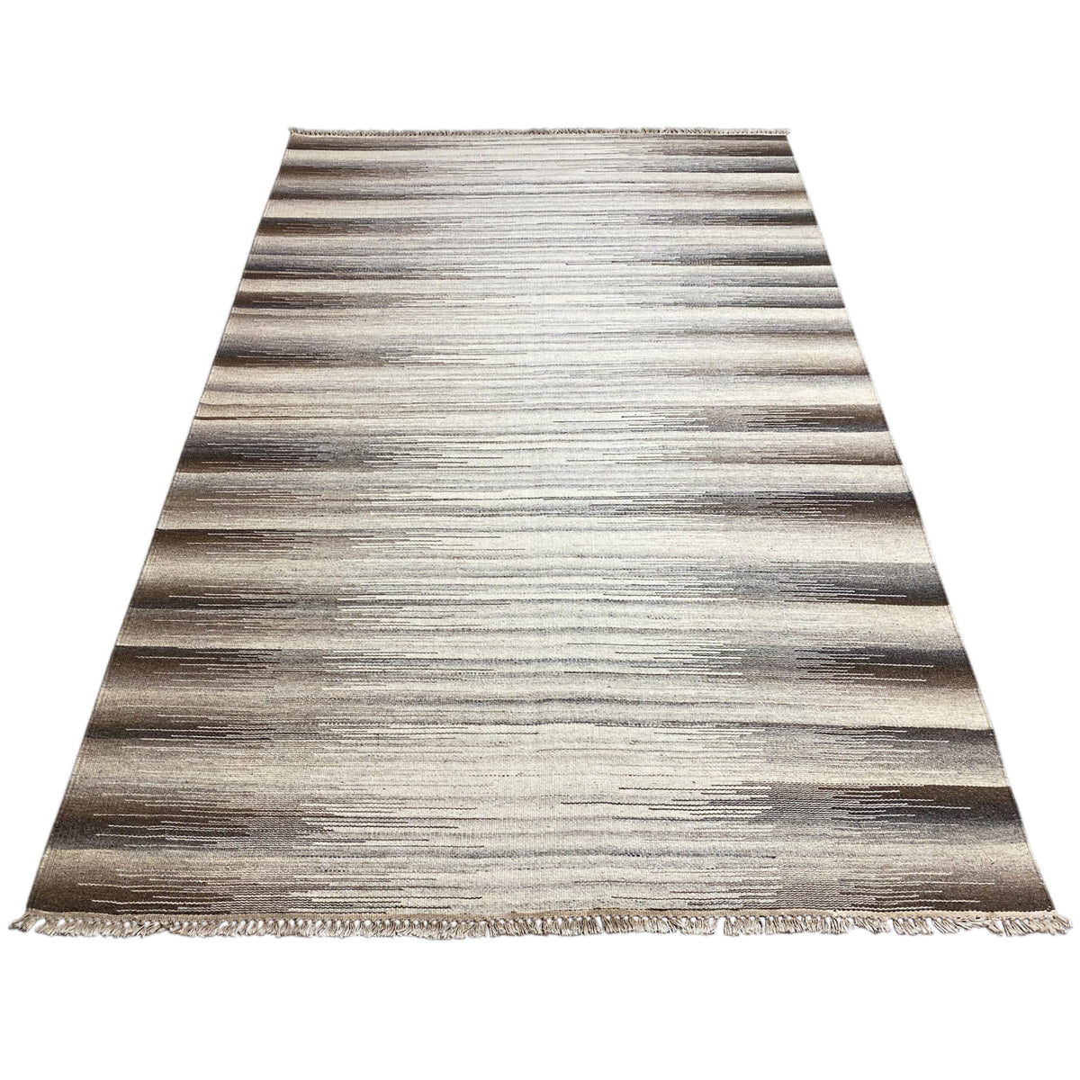 Rectangular beige kilim rug with gray-brown stripes and fringes