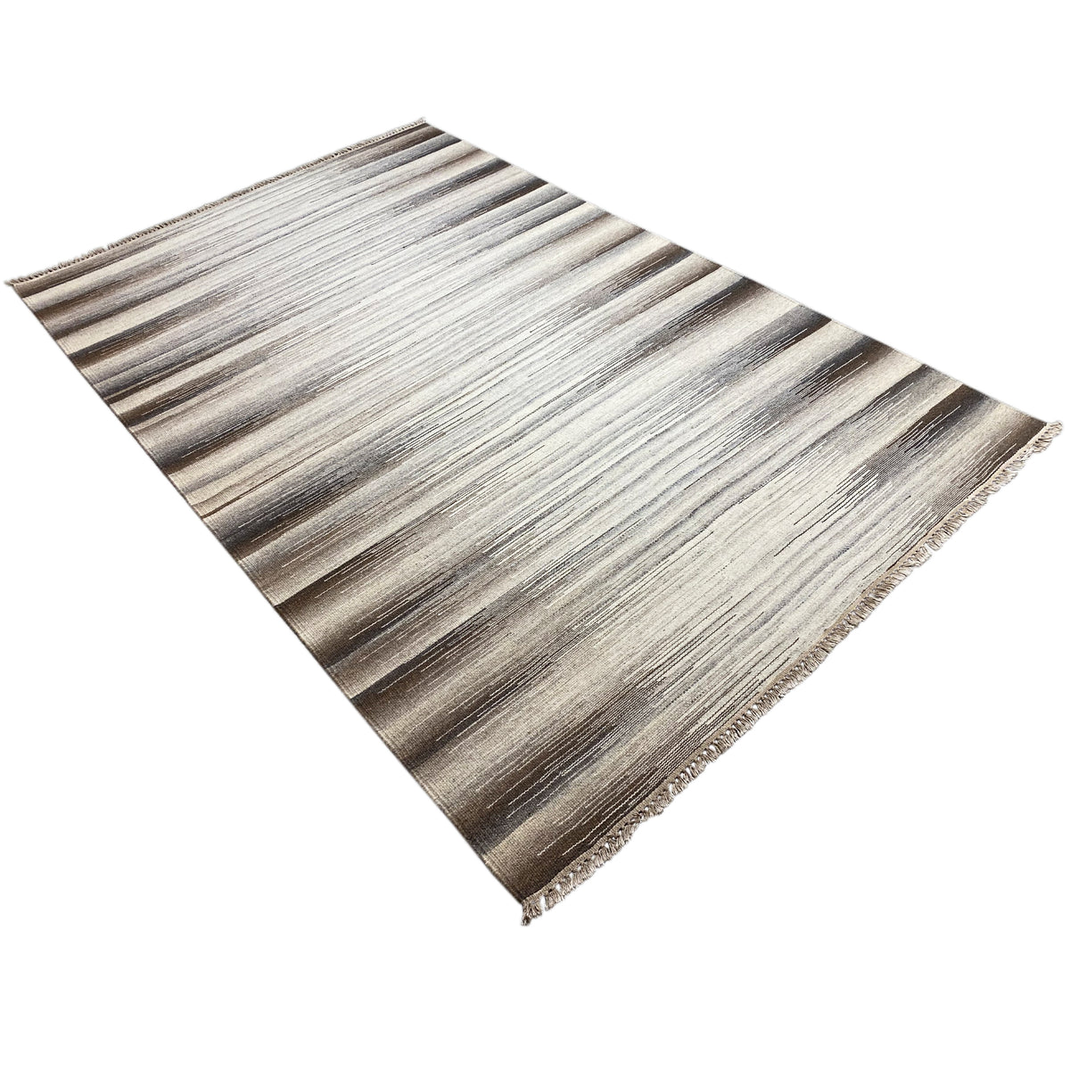 Kilim rug corner: beige pattern with gray-brown stripes, with fringes