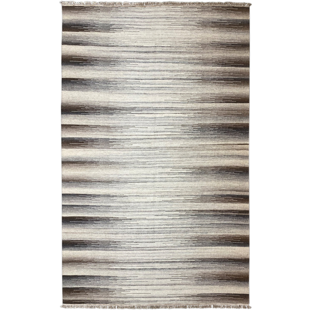 Beige kilim rug with modern gray-brown stripes, rectangular