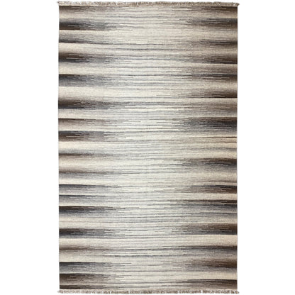 Beige kilim rug with modern gray-brown stripes, rectangular