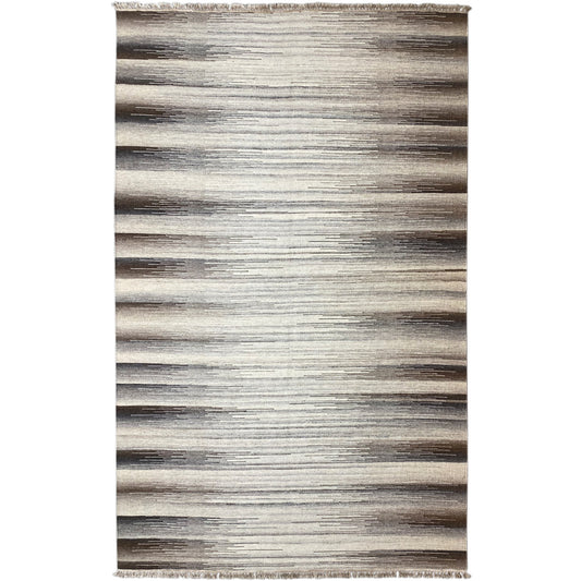 Beige kilim rug with modern gray-brown stripes, rectangular