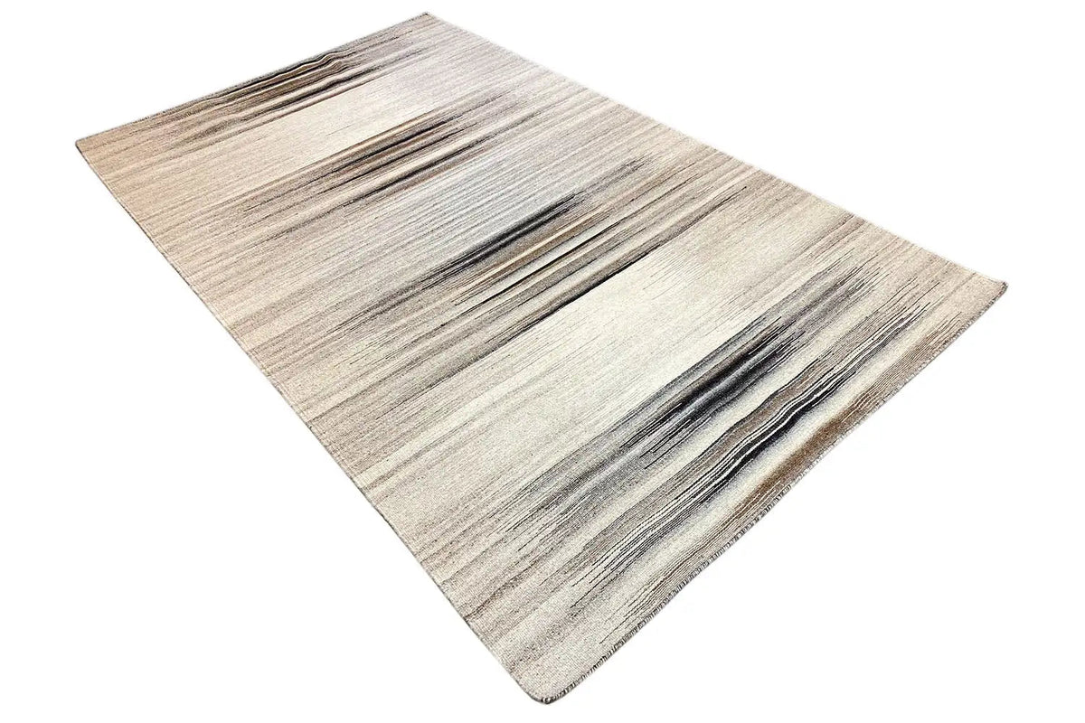 Rectangular kilim rug with a striped look in beige and gray tones, angled