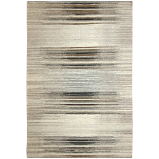 Beige kilim rug with horizontal stripes in gray and dark brown, rectangular