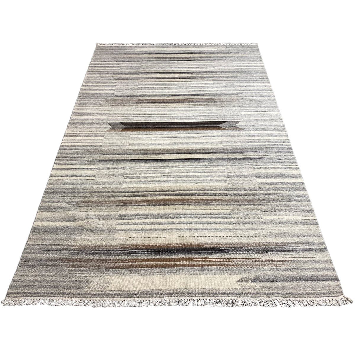 Rectangular kilim dhurrie rug with stripes in beige, gray, and dark brown, fringes