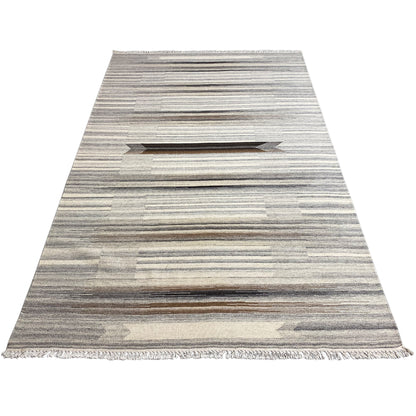 Rectangular kilim dhurrie rug with stripes in beige, gray, and dark brown, fringes